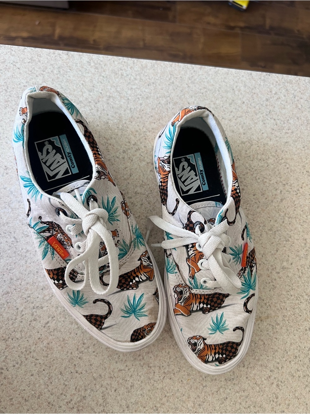 Vans Kids White Canvas Sneakers with Tiger & Teal Palm Print
